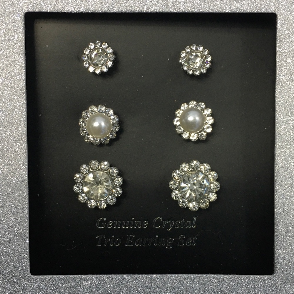Genuine Crystal Trio Post Stud Pierced Earrings 3 Piece Set